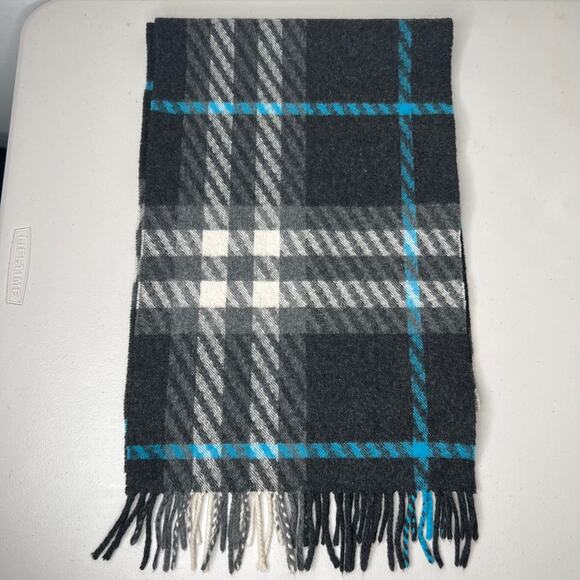 Burberry Grey Blue Plaid Check Striped Fringe 100% Cashmere Scarf - Picture 4 of 6